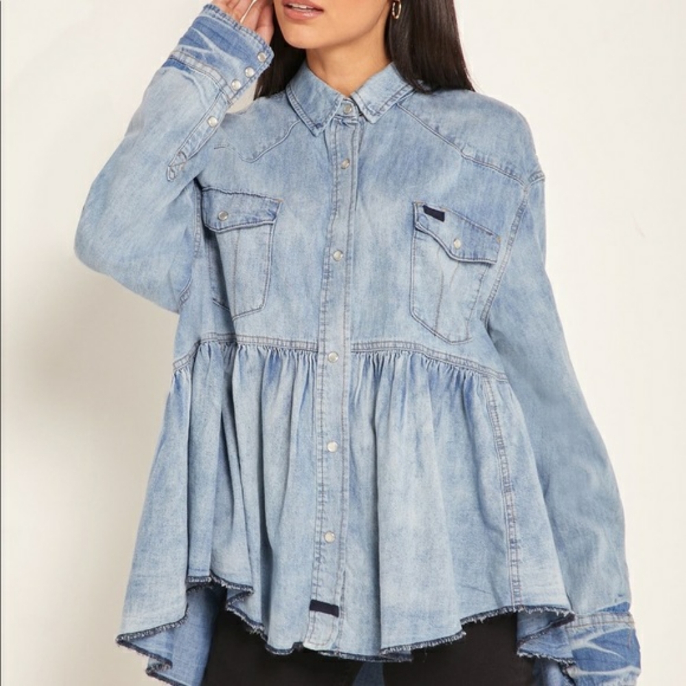 Free People Dylan Babydoll Snap Front Chambray Top - Picture 3 of 14